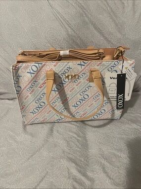 XOXO White Tote with Red and Blue Logo Print and Tan Handles New With Tags